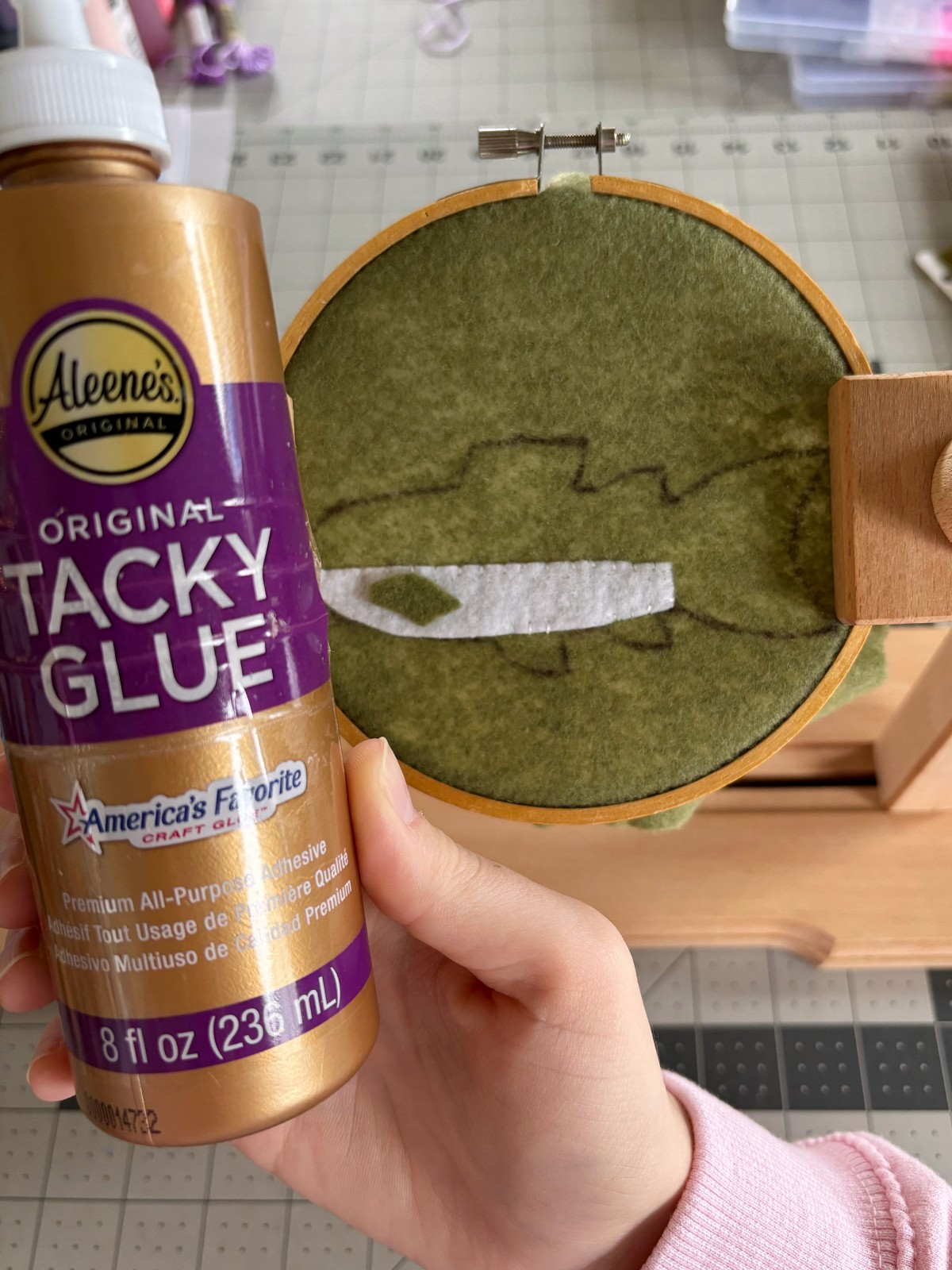 Tacky glue and fin pattern piece.