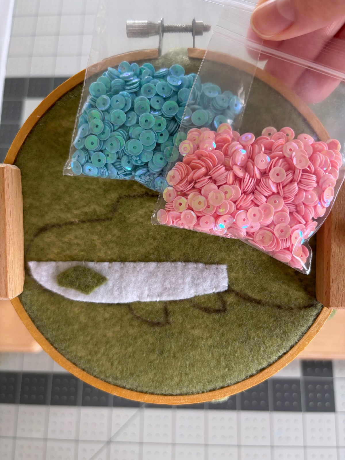 Blue and pink sequins to sew in the rainbow trout body.