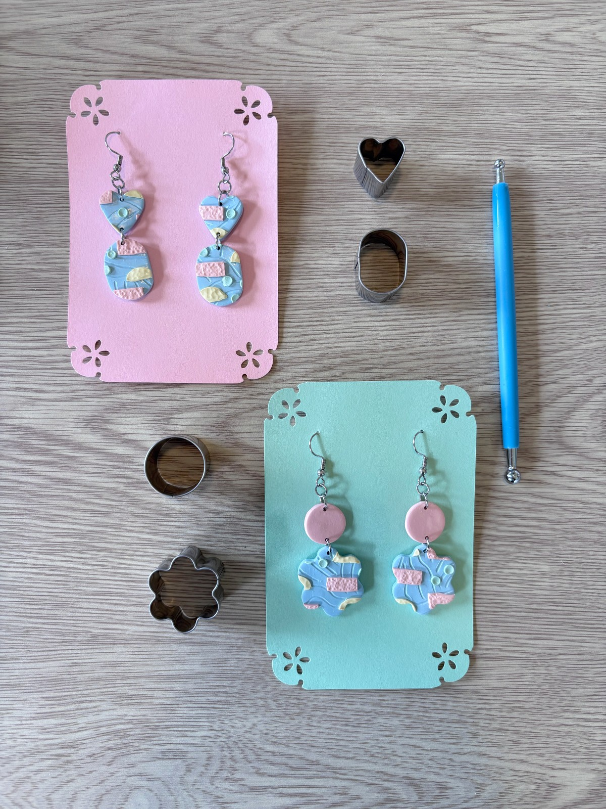Slab earrings and geometric clay cutters.
