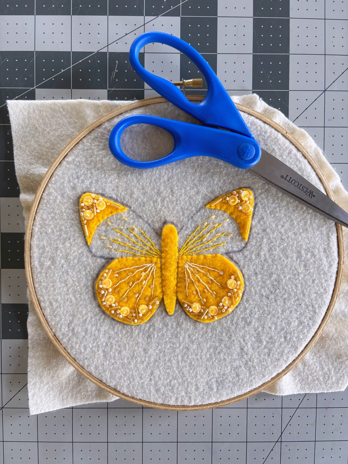 Butterfly ornament in embroidery hoop and scissors.