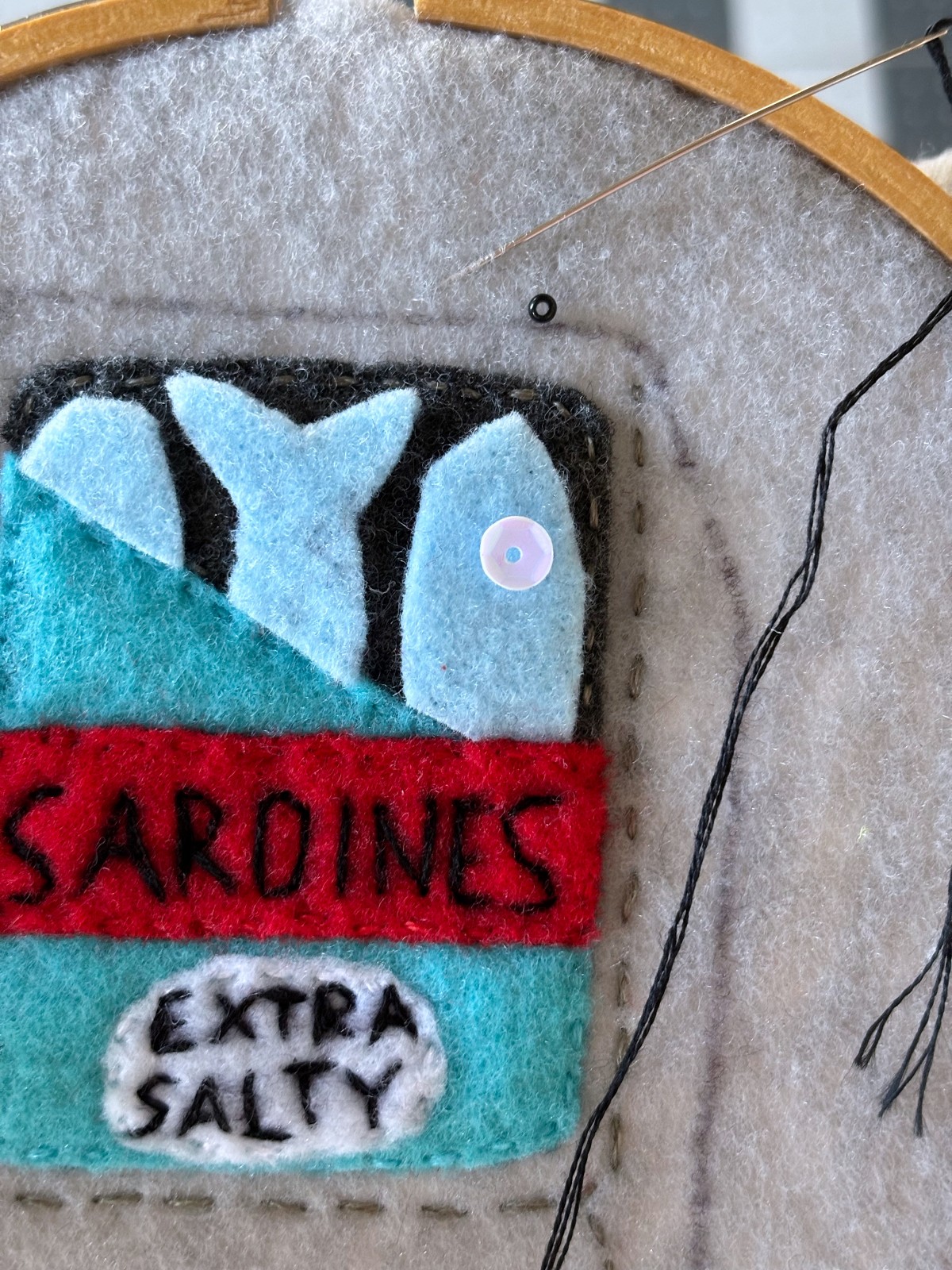 Beads and sequins fish eye details placed on ornament.
