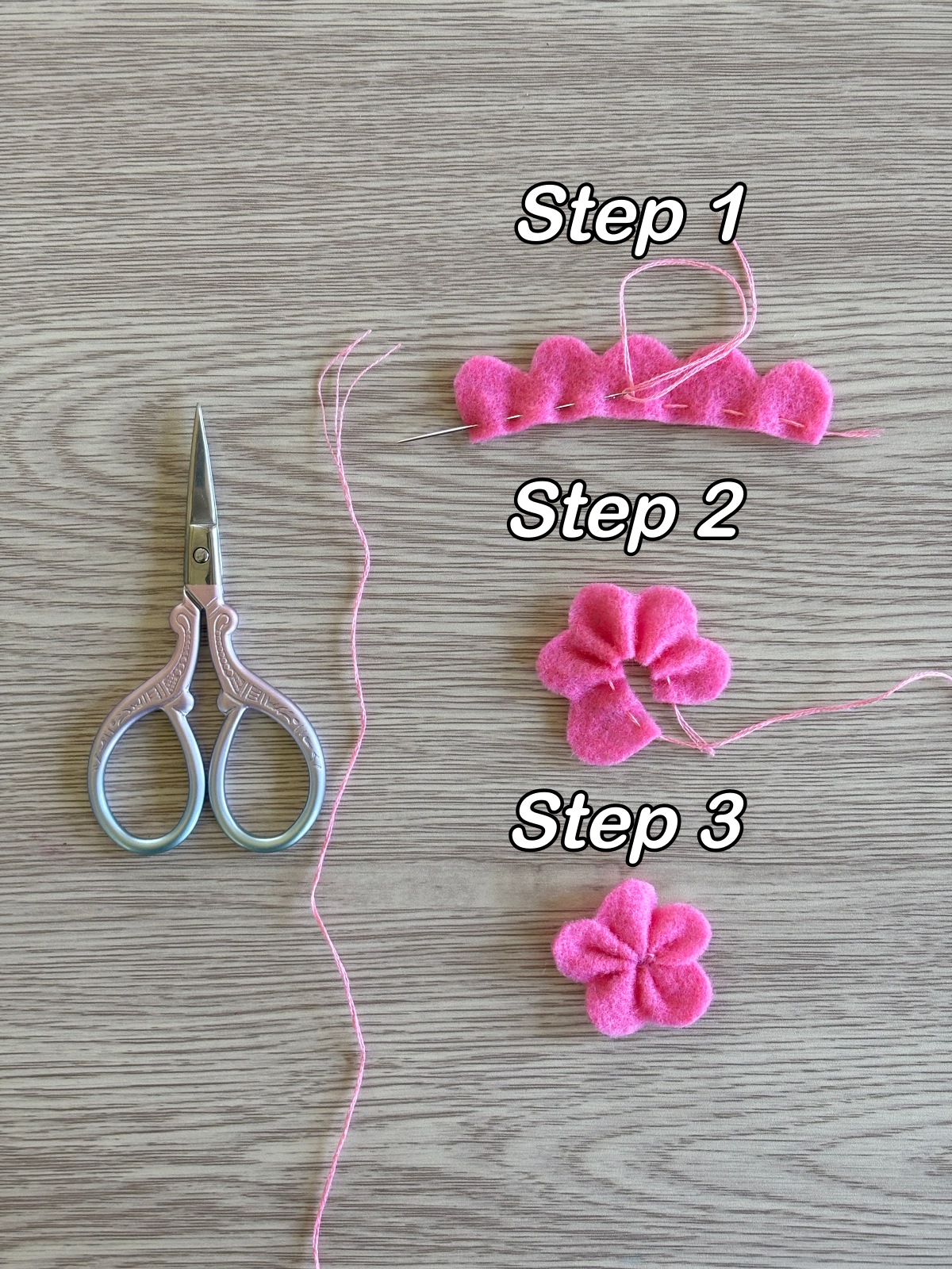Step 1, 2, and 3 to sewing the felt flower.